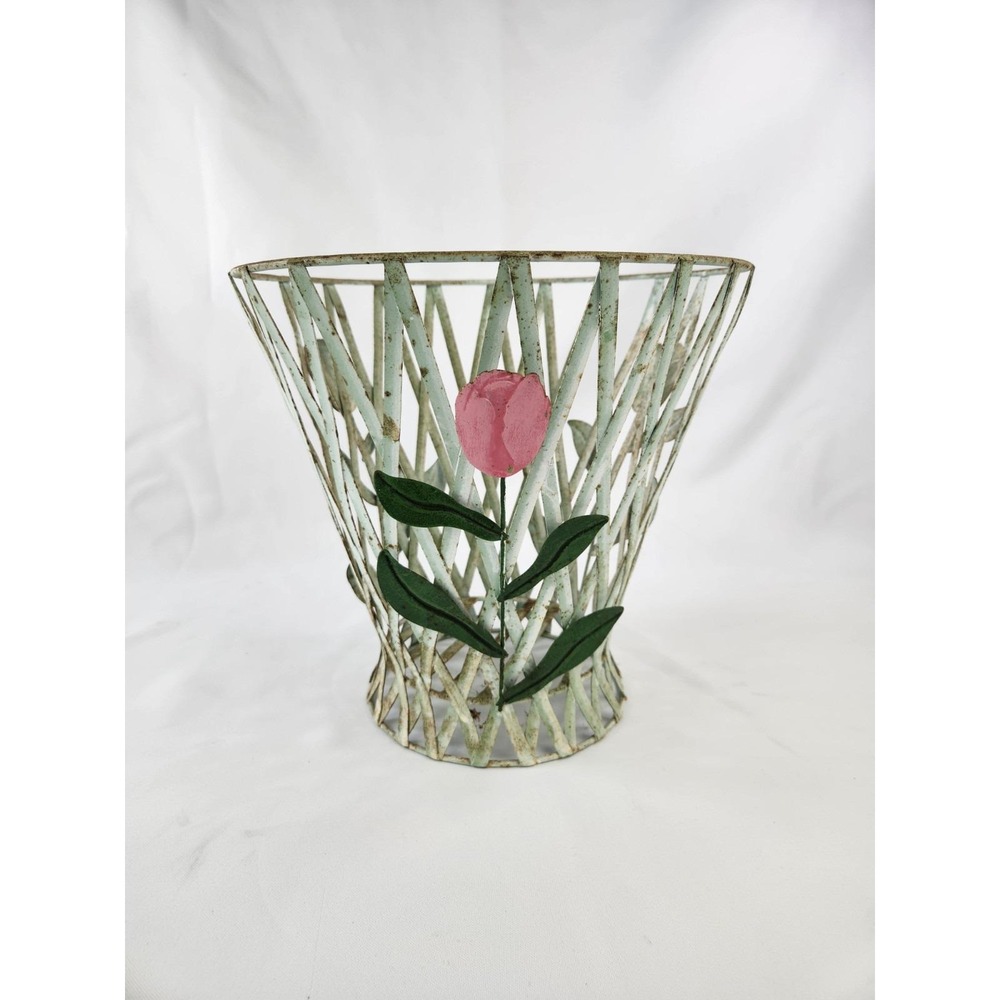 VTG Metal Flower Waste Basket Trash Tulips Chippy Art Decor Holder Cottagecore